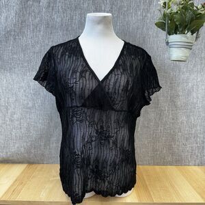 Nicola XL Black Sheer Lace Mesh Faux Wrap Top Made in USA V-Neck Y2K Goth